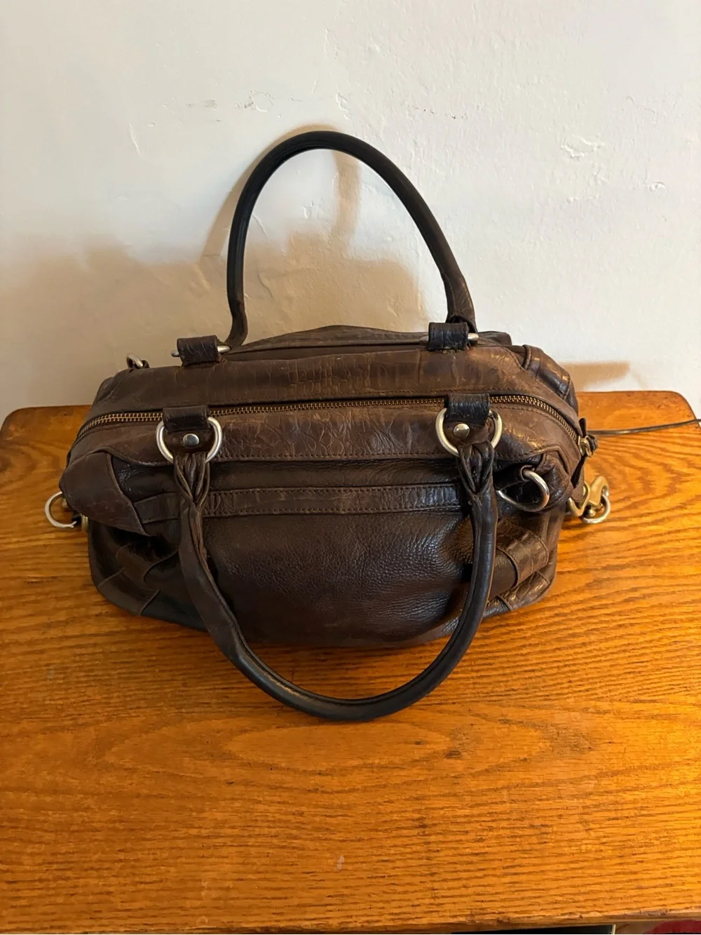 Classic Dark Brown Leather Messenger Bag with Top Handles